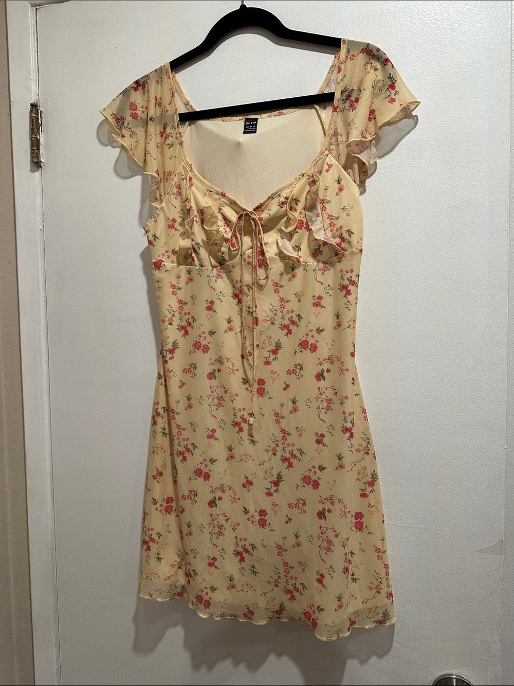 SHEIN Yellow Floral Tie-Front Mini Dress